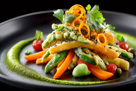 Gourmet vegetable tempura artfully arranged on a dark plate with green sauceの素材