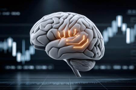 Human brain with glowing circuit connections representing artificial intelligence and financial data analysisの素材
