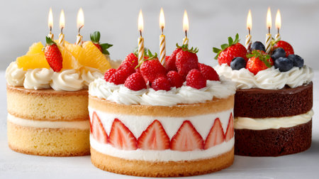 Three decorated celebration cakes with lit candles and fresh fruit toppingsの素材