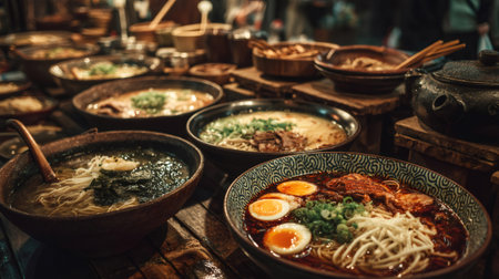 Multiple bowls of traditional Japanese ramen noodle soup are served on a rustic wooden tableの素材