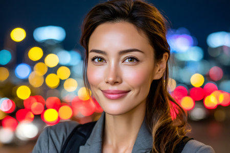 Cheerful woman smiling, standing outdoors with colorful bokeh city lights in the backgroundの素材