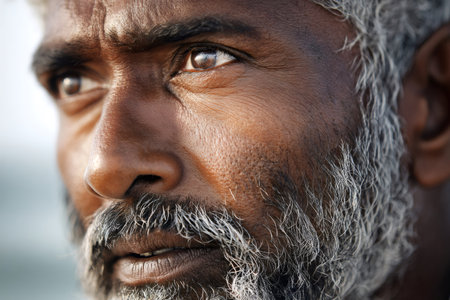 Older man's face close up, showing wrinkles and gray beard, reflecting wisdomの素材