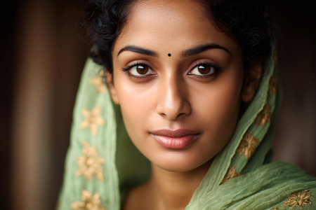Indian woman wearing traditional clothing featuring a bindi, looking directly at the viewerの素材