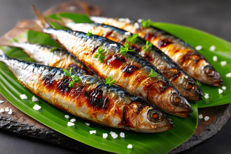 Fresh grilled sardines plating on banana leaves with coarse sea saltの素材
