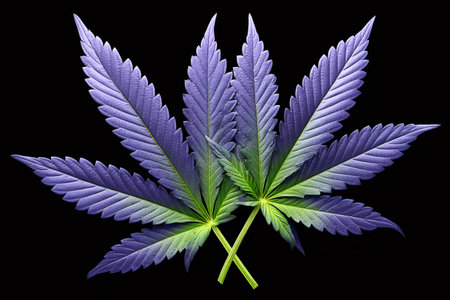 Cannabis indica leaves showing purple and green colors on a black background, representing medicinal useの素材