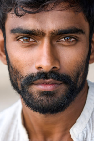 Young Indian man with a beard and dark hair posing for a close up portraitの素材