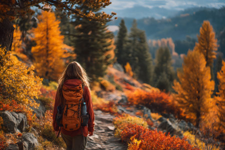Woman with a backpack walking along a hiking trail, experiencing nature during vibrant autumnの素材