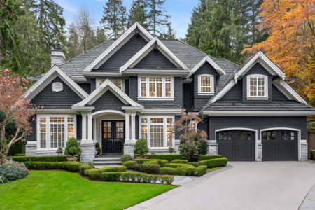 Single family dwelling exterior view with green lawn, manicured hedges, and garageの素材
