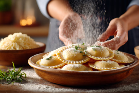 Chef's hands sprinkling flour over a bowl of raw homemade ravioli, preparing Italian foodの素材