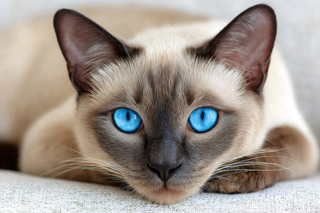 Siamese cat head looking directly, displaying vibrant blue eyesの素材