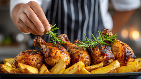 Chef adding rosemary to roasted chicken legs and potatoes, creating a delicious and aromatic dishの素材
