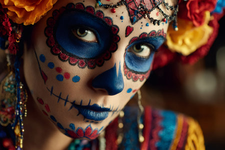 Woman wearing vibrant dia de los muertos calavera makeup and traditional clothingの素材