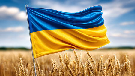 Ukraine flag with blue and yellow colors flying over a golden ripe wheat fieldの素材