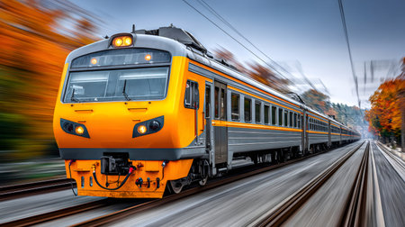 Train speeding through an autumn landscape, motion blur showing speed and journeyの素材