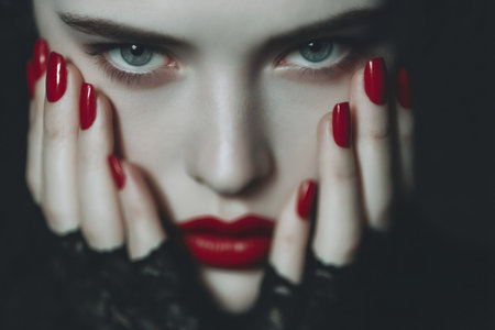 Woman with red nails and intense blue eyes creating an alluring, mysterious expressionの素材
