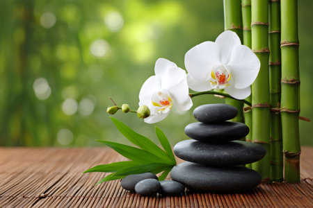 Black zen stones stacking with white orchid flowers and green bamboo stalks on matの素材
