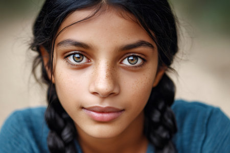 Young Indian girl with hazel eyes and freckles looking directly at the viewerの素材