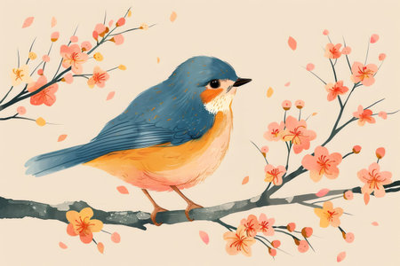 Little bird perching on a branch with pink and yellow flowers in watercolor styleの素材