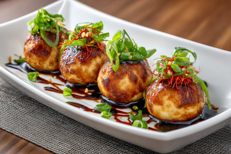 Japanese takoyaki octopus balls served with sauce and green onionsの素材