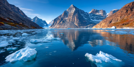 Greenland fjord landscape with floating ice in blue water reflecting mountainsの素材
