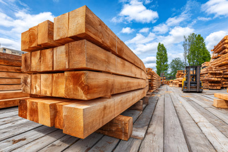 Large wooden beams stacked at a lumberyard with a forklift and logs in the backgroundの素材