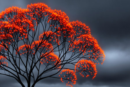 Abstract tree branches illuminating a dark background with numerous bright orange lightsの素材