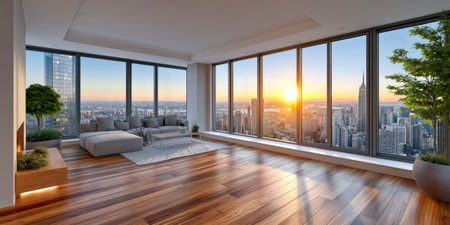 Modern apartment with panoramic windows overlooking the urban skyline during golden hourの素材