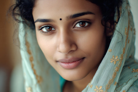 Indian woman staring with warm brown eyes while wearing traditional embroidered sari and bindi on foreheadの素材