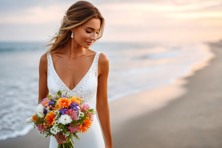 Bride holding a vibrant flower bouquet standing on a sandy beach during sunsetの素材