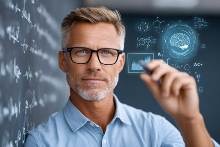 Mature man presenting neurological data, scientific formulas, and financial graphs on a virtual screenの素材