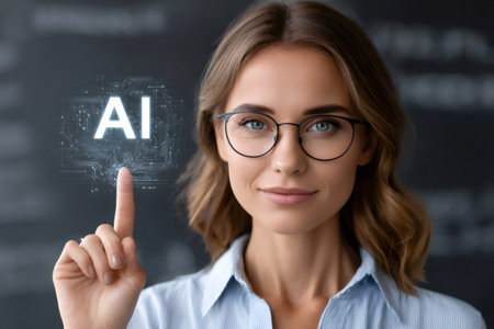 Woman interacting with an artificial intelligence interface, engaging with future technologyの素材