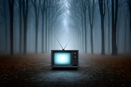 Vintage television set illuminating a misty bare tree forest floor creating a surreal moodの素材