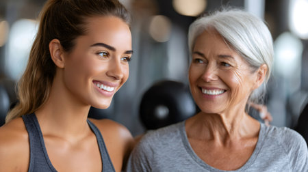 Two happy women of different ages enjoying fitness together at the gymの素材