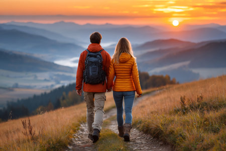 Happy couple walking a trail together at sunset, enjoying the beautiful mountain landscapeの素材