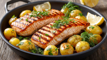 Cooked salmon fillets and roasted baby potatoes in a pan, garnished with herbs and lemonの素材