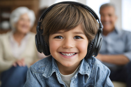 Young boy enjoying music in headphones, smiling broadly with his grandparents in the backgroundの素材