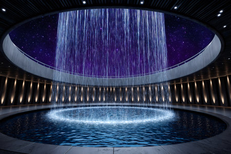 Modern circular water feature and waterfall reflecting a cosmic night with glowing starsの素材