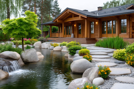 Log house home featuring a meticulously landscaped garden with a tranquil pond and waterfallの素材