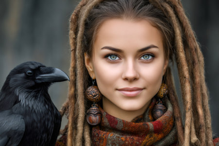 Young woman with striking blue eyes, dreadlocks, and a raven on her shoulderの素材