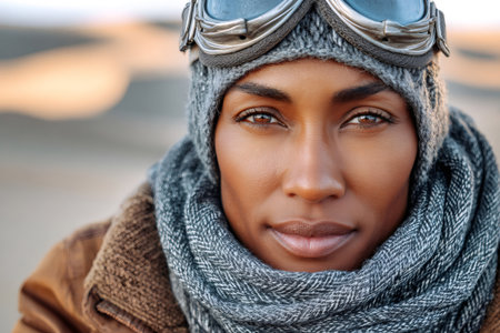Determined woman wearing a beanie and goggles, looking at the cameraの素材