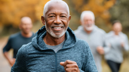 Happy senior man exercising with a group of friends in the parkの素材