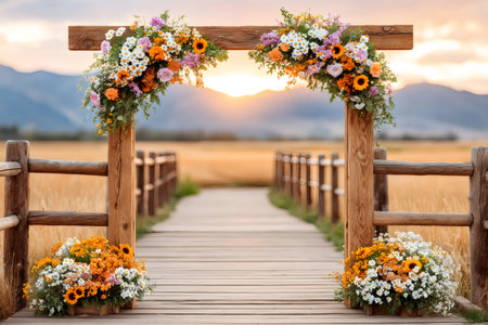 Rustic wedding ceremony arch with flowers on a boardwalk at sunsetの素材