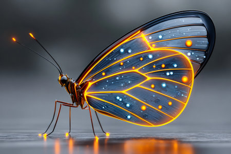 Cybernetic butterfly with integrated circuit wings illuminating with neon lightの素材