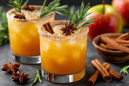 Refreshing apple cider cocktail served on ice with holiday spicesの素材