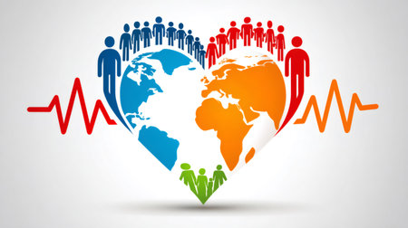 World map forming a heart with diverse people and a heartbeat lineの素材