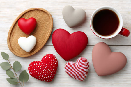 Various heart shapes and a cup of coffee resting on a white wooden surface, top viewの素材