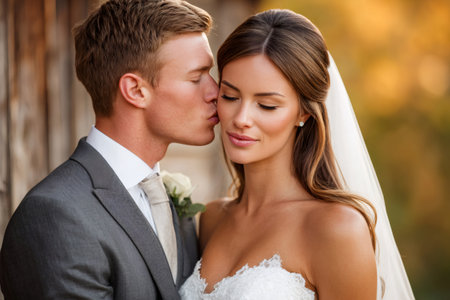 Newlywed couple sharing a tender kiss, symbolizing love and marriageの素材