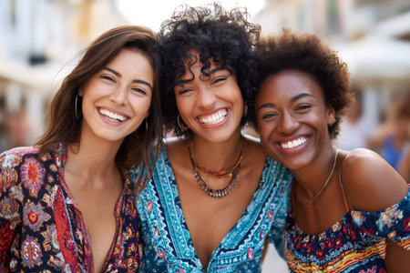 Three diverse women smiling brightly, showing real friendship and unityの素材