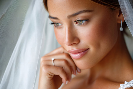 Beautiful bride preparing for wedding ceremony, looking thoughtful and happyの素材