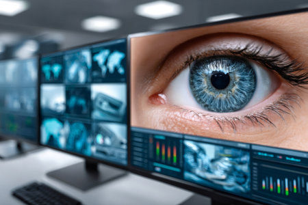 Human eye on control room monitor showing live cctv camera systems and dataの素材